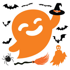 Orange Halloween Ghost Vector with Witch Hat, Spider, and Flying Bats