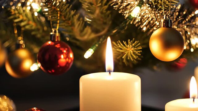 Close-Up of Christmas Candles and Ornaments Under a Decorated Christmas Tree