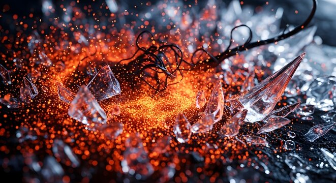 Cinematic close-up of a fiery explosion with glowing embers and shattered glass shards, with dark tendrils emerging from a molten core