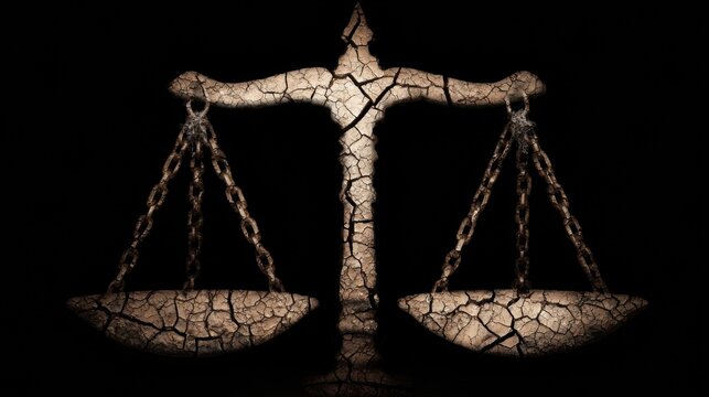 Cracked Scales of Justice Representing Corruption and Inequality in a Dark Setting With a Somber Mood