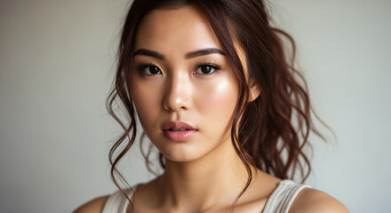 A beautiful woman with natural makeup and a gentle expression looks directly at the viewer, radiating a serene and calm mood.