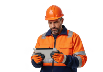 Construction worker wearing orange safety jacket and helmet holding a tablet computer isolated on transparent background