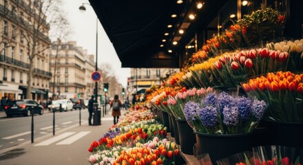 Colorful flower market display on a city sidewalk. Fresh tulips and hyacinths for sale at a local florist shop. Charming European street scene with urban retail storefront. Spring season concept