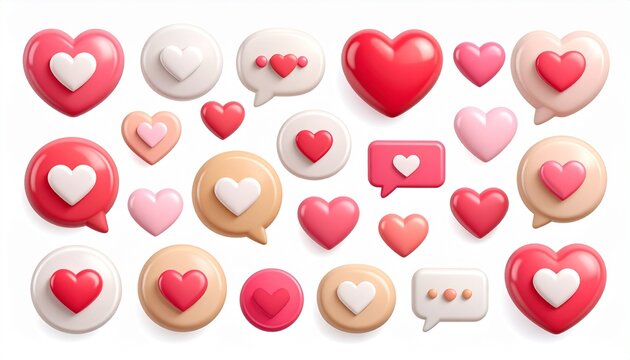 A delightful assortment of 3D rendered hearts and charming speech bubbles, symbolizing love, affection, and digital connection, perfect for romantic themes and social media engagement