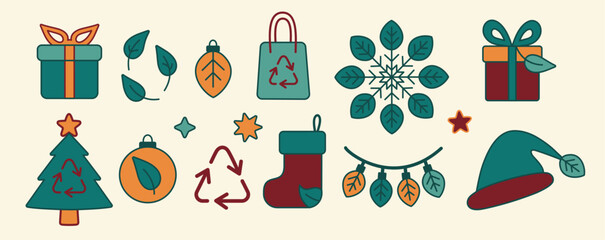 A festive vector flat art set featuring eco-friendly Christmas icons including gifts, leaves, stockings, ornaments, snowflakes, a tree, a recycling symbol, and holiday lights with a sustainable theme.