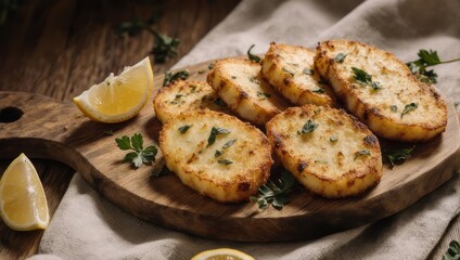 Delicious Pan Fried Fish Cakes Garnished with Fresh Parsley and Lemon Slices.