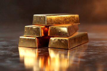Stacks of golden bars, symbolising wealth and prosperity, shimmering on a polished surface