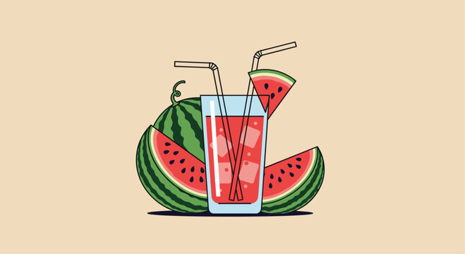 Refreshing watermelon juice with ice and straws served with fresh fruit slices, perfect for summer refreshment and healthy lifestyle promotions