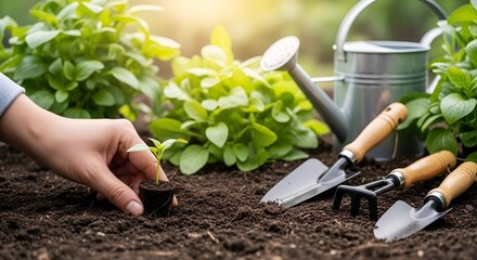 Hand planting a seedling in soil gardening tools nearby concept of new life