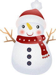 Illustration of Cute Snowman and Christmas Watercolor Hand Drawn Style