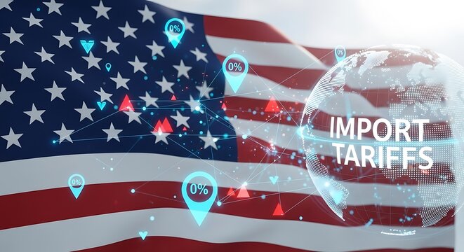 American flag with digital globe showing import tariffs and global trade data background