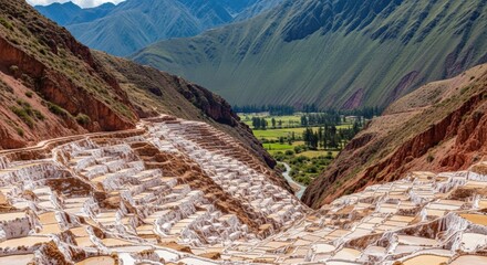 Ancient salt evaporation ponds in the Sacred Valley of Peru. Traditional Inca salt mining terraces. South American travel destination and cultural landmark in the Andes mountains