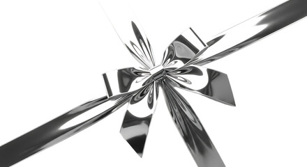 Close up of a shiny silver bow with ribbons on a black background in a diagonal composition