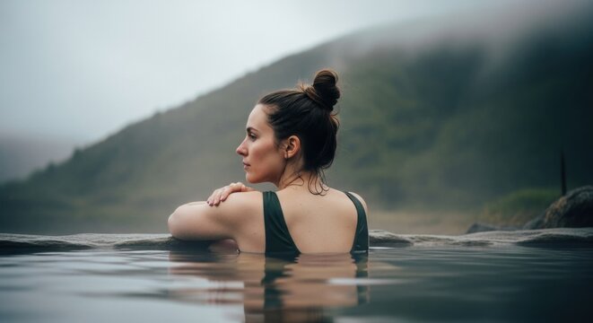 Caucasian female relaxing in a natural hot spring. Wellness retreat and self care concept. Mindful travel and outdoor spa therapy for mental health and tranquility