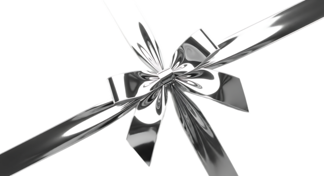Close up of a shiny silver bow with ribbons on a black background in a diagonal composition