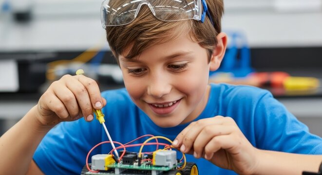 Child engaged in robotics project building circuit board for stem learning