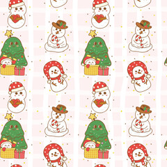 Festive christmas cute snowman coquette seamless pattern hand drawn repeat wallpaper background,wrapping paper