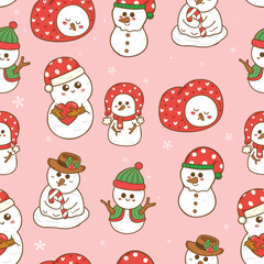 Festive christmas cute snowman coquette seamless pattern hand drawn repeat wallpaper background,wrapping paper