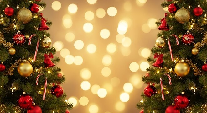 Christmas Tree Holiday Celebration with Ornaments and Festive Lights Background