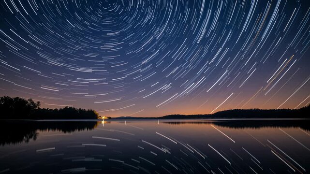 Circular star trails spinning in the night sky with reflections in the calm water of a lake
