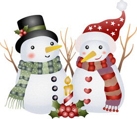 Illustration of Cute Snowman and Christmas Watercolor Hand Drawn Style