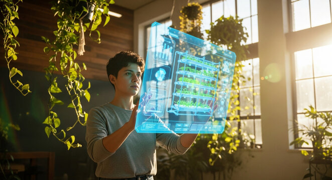Sustainable Innovation: A Non-Binary Bio-Architect Designing a Vertical Farm with a Holographic Interface in a Green, Futuristic Studio