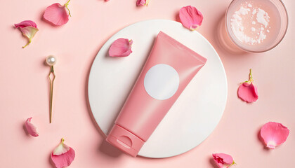 Pink lotion tube with rose petals and pearl hairpin, soft lighting, for cosmetic mockup.