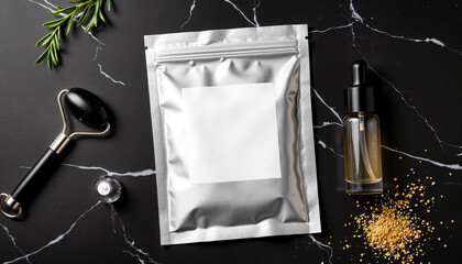 Matte silver sachet with white label and jade roller on black marble, mockup for cosmetic packaging design.