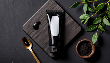 Black glossy cream tube on wooden slab with eucalyptus, dramatic light for cosmetic mockup.
