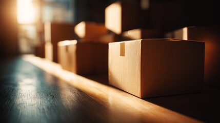 Moving day organization. Cardboard boxes in warm light, arranged on a wooden floor, suggesting shipping or storage themes.
