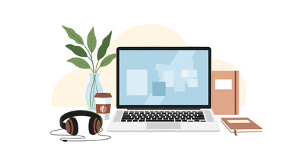 Modern home office setup with laptop, headphones, coffee, and plants, perfect for remote work inspiration and productivity