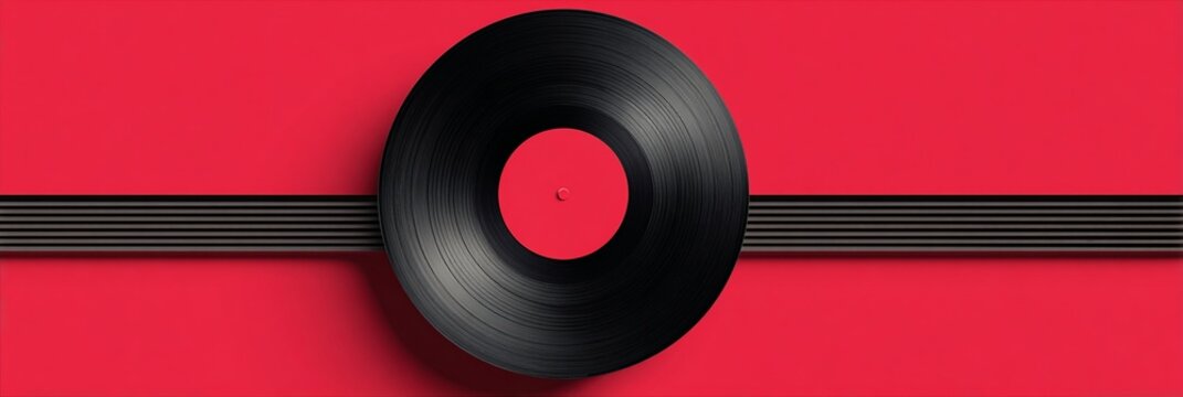 Vintage vinyl record with vibrant red label against a bold crimson background, symbolizing classic music and analog sound technology