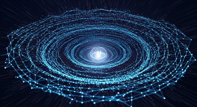 Futuristic glowing network visualizes artificial intelligence connecting in complex digital cyberspace concept art