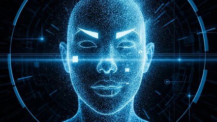 Digital face scan with futuristic blue glowing particles and hud elements - Powered by Adobe