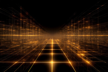 Illuminated Digital Grid Pathway Leading to a Futuristic Horizon Abstract Network of Glowing Lines and Data Streams