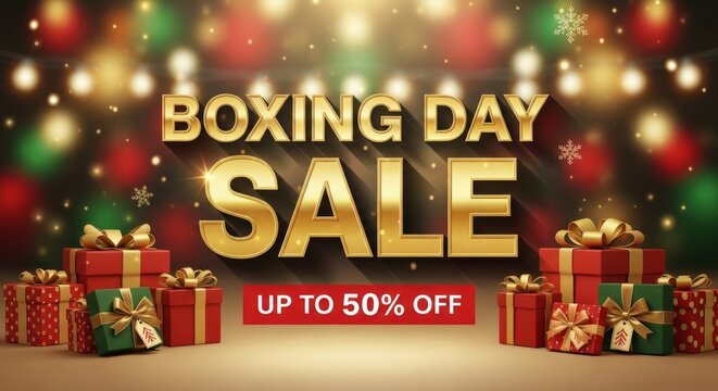 Festive boxing day sale with presents and up to 50% discount offer - Powered by Adobe