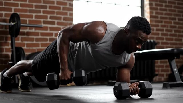 Fit african man doing dumbbell pushups in a gritty gym, focusing on his workout and building muscle