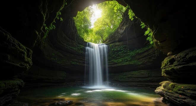Hidden waterfall inside a secret jungle grotto. Long exposure of a tranquil cascade into a pristine lagoon. Sunlight illuminating a natural sanctuary with mossy rocks and lush vines