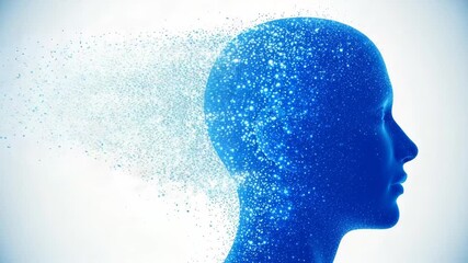 Blue human head dissolving into particles isolated on white background - Powered by Adobe