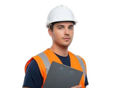 A serious construction worker wearing a white hard hat and bright orange safety vest holding a clipboard isolated on transparent background