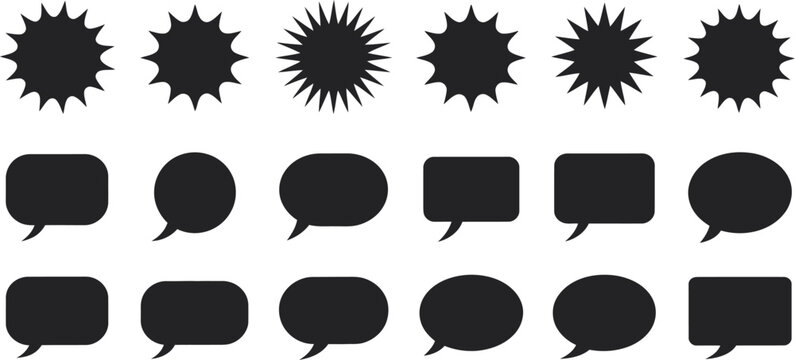 Versatile collection of black silhouette speech bubbles and starburst graphic icons