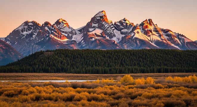 Rugged mountain range with morning alpenglow on snowy peaks. Autumnal valley with golden foliage and evergreen forest. Wilderness travel destination for outdoor adventure concepts