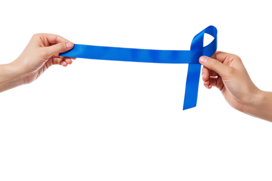 Hands Holding Blue Awareness Ribbon Isolated on Transparent Background