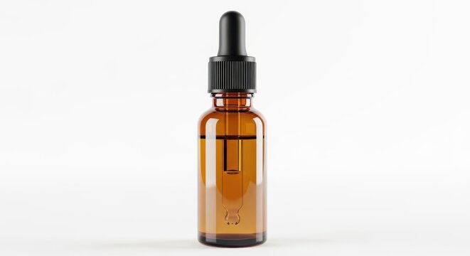 Amber glass bottle with dropper isolated on white background