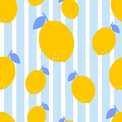 Bright Yellow Lemon on Blue Stripe Seamless Pattern