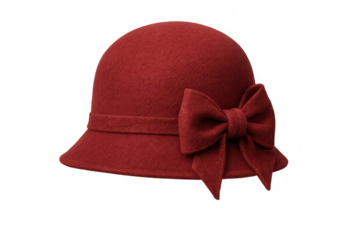 Red felt cloche hat with a bow, classic retro women's fashion accessory. Vintage style headwear, transparent background