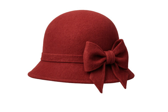 Red felt cloche hat with a bow, classic retro women's fashion accessory. Vintage style headwear, transparent background