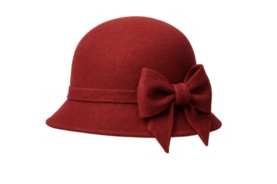 Red felt cloche hat with a bow, classic retro women's fashion accessory. Vintage style headwear, transparent background