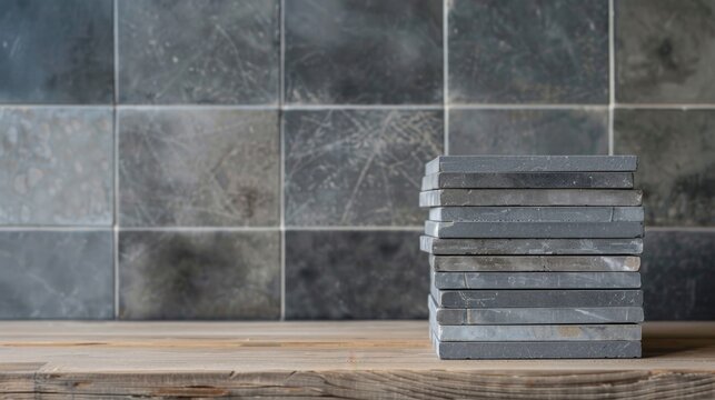 A stack of gray tiles on a wooden surface. The background features a textured gray tiled wall. The scene conveys a modern and minimalist aesthetic. - Powered by Adobe