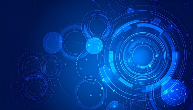 Dynamic abstract technology concept with glowing blue circles and intricate digital network connections, illustrating data innovation and futuristic design on a vibrant background - Powered by Adobe